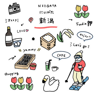 新潟の手描きのアイコンセット