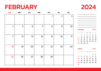 February 2024 Calendar. Week start on Sunday. Desk calendar 2024 design, simple and clean design, Wall calendar for print, digital calendar, Corporate design planner template vector.