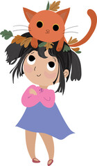 Little girl with cat in her head illustration