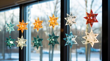 Elegant Christmas Baubles Hanging in Window Display