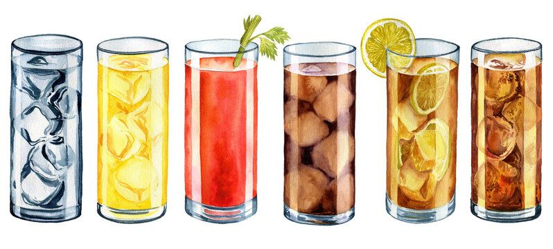 watercolor drawing glasses with drinks, cola with ice, water, juices soda and smoothie, at white background,hand drawn illustration