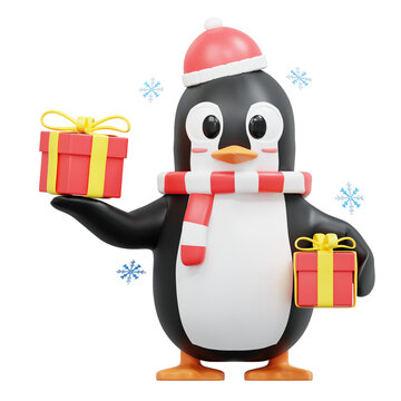 3d rendering Cute Penguin Character bring some giftboxs