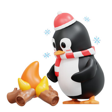3d rendering Cute Penguin character with bonfire