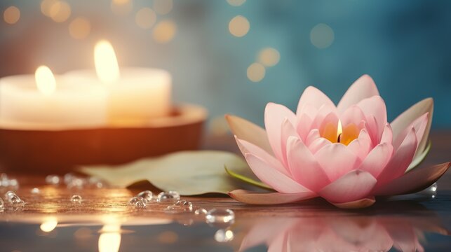 water lily with small burning candle at calming water, lotus spa and meditation zen relaxation concept