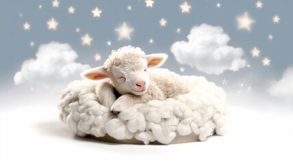 a little lamb sleeping on a cloud watercolor.