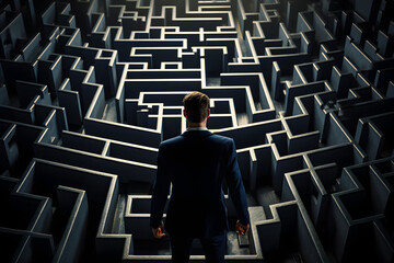 High-quality photo of a businessman attempting to navigate and find a way out of a maze,