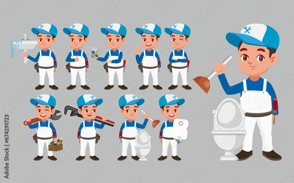 Wall mural Set of plumber with different poses