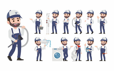 Set of plumber with different poses - obrazy, fototapety, plakaty