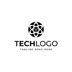 Atom cube molecule structure logo design. Molecular chemistry vector design. Scientific research logotype