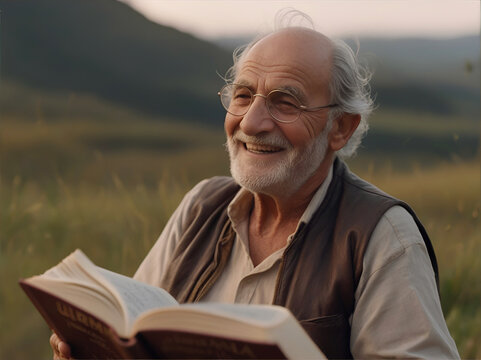 Hombre mayor leyendo un libro en al campo