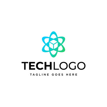 Atom cube molecule structure logo design. Molecular chemistry vector design. Scientific research logotype