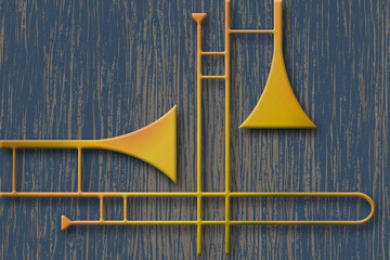Two trombones are seen in a colorful graphic image about music and brass instruments. This is a 3-d illustration. Blue wood texture background.