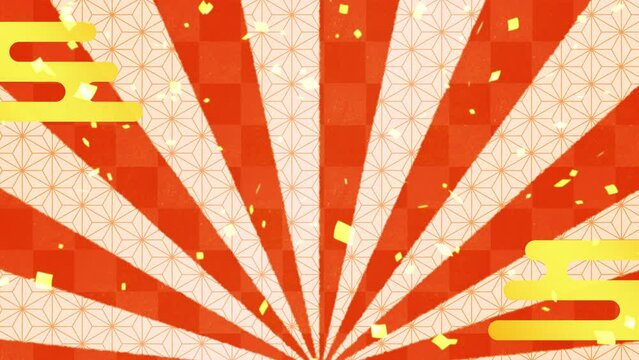 金箔が舞う紅白のおめでたいお正月背景に放射状に広がる光のアニメーション　ループ可能