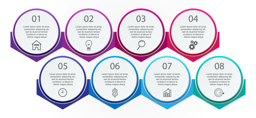 simple infographic design, 8 step infographics that are interconnected with icons, symbols, text combined with harmonious colors, good for your business presentation
