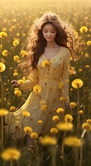 A mesmerizing scene unfolds as a beautiful girl stands in a dandelion field, bathed in golden sunlight. The vibrant yellow dandelions create a breathtaking carpet beneath her, their delicate petals