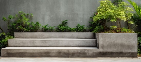 Asia style outdoor garden features a concrete staircase with a side view and lush green plantings