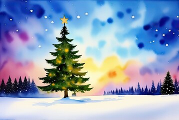 Landscape with christmas tree. Generative Ai
