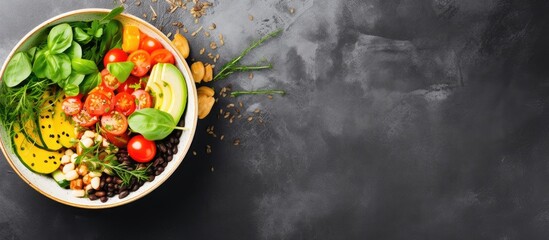 Viewed from above a lunch bowl filled with nutritious vegan ingredients rests on a background of stone - Powered by Adobe