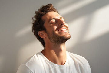 Young man smiling with eyes closed and head tilted up. Breathing deeply and feeling the light that touches his face. Chiaroscuro lighting. Expression of pleasant calm on his face. On white background