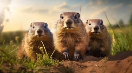 Fototapeta premium cute Groundhogs family standing in a meadow, long shot view, wide view, sunlight