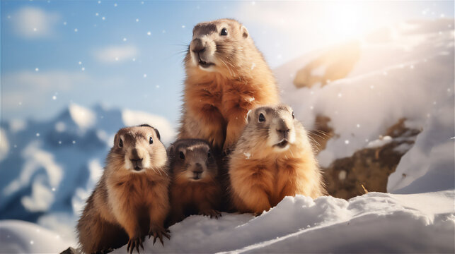 cute Groundhogs family standing in a meadow, long shot view, wide view, sunlight