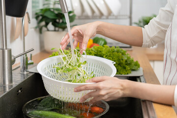 Close up hand of asian young woman washing sunflower sprout, hydroponic green oak lettuce, fresh...