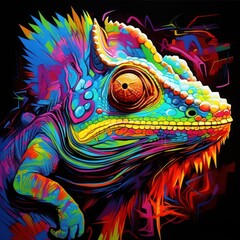 Blacklight painting-style chameleon, chameleon pop art illustration