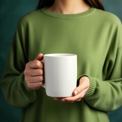 Girl in a green sweater holding a white mug