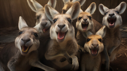 wefie of Kangaroo family on a beach, happy face, wide smile