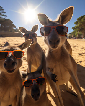 wefie of Kangaroo family on a beach, happy face, wide smile