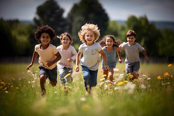 Obraz premium Multiracial group of various diverse children running and play to gether in park and smiling for the camera. Cute boy and girl looking at the camera. Ai