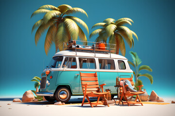 Ready for summer travel. Green van with palm tree, deck chair and beach accessories. Summer and holiday concept. Ai generative