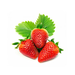 Three strawberries with strawberry leaves on a white background.