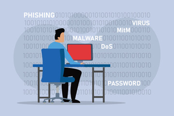 IT administrator guy securing computer from malware, phishing and virus 2D flat vector concept for banner, website, illustration, landing page, flyer, etc