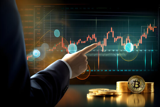 Closeup of traders working on a computers with stock market online trading chart candlestick on crypto currency platform. Bitcoin, new virtual money concept. Generative Ai - Powered by Adobe