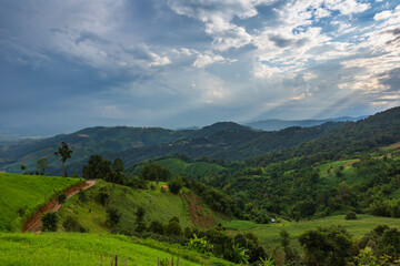 Beautiful beam of light evening on green mountain at Doi Chang in Chiang Rai of Northern, Thailand