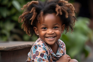 beautiful toddler smiling happily sitting on the step