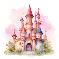 Cute watercolor princess castle Illustration, Generative Ai