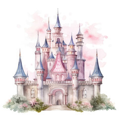 Fototapeta premium Cute watercolor princess castle Illustration, Generative Ai