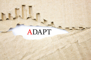 ADAPT text, acronym on a sheet under torn cardboard. Adapt, adaptation, adaptation.