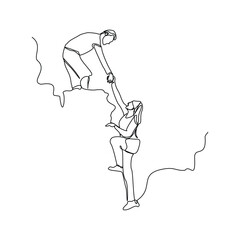 Continuous single line sketch drawing group of people man woman helping each other hike up a mountain. One line art business, success, leadership, achievement and goal  - obrazy, fototapety, plakaty
