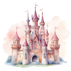 Cute watercolor princess castle Illustration, Generative Ai