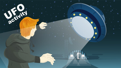 Flat illustration a young man covers his face from the light coming from a flying UFO