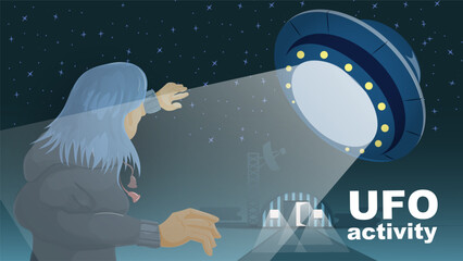 Flat illustration A girl with blue hair covers her face from the light coming from a flying UFO