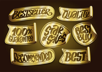 Bestseller, quality, star of sales, best buy, recommended, 100 percents guarantee - vector golden stickers