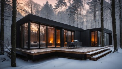 Fototapeta premium A contemporary dwelling constructed using shipping containers, metal, wood, and glass, emerges gracefully amidst the dense woodland during winter. 