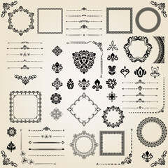 Vintage set of vector horizontal, square and round elements. Elements for backgrounds and frames. Classic black patterns. Set of vintage patterns