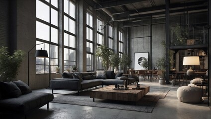An elegantly raw industrial loft apartment with exposed concrete walls and metal beams, exuding a minimalistic aesthetic in its seamlessly blending dark colors. Generative AI	