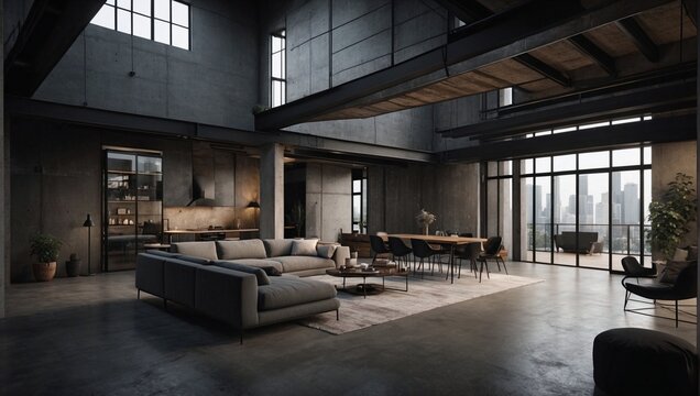 An elegantly raw industrial loft apartment with exposed concrete walls and metal beams, exuding a minimalistic aesthetic in its seamlessly blending dark colors