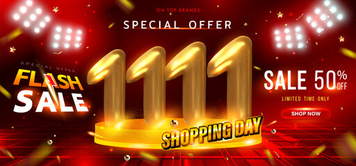 11.11 Shopping Day Flash Sale Design. 11.11 Crazy sales online. 3D Eleven Number on Podium and Falling Confetti on Red Background. Mega sale. Special Offer Sale 50% Off campaign or promotion. Vector.